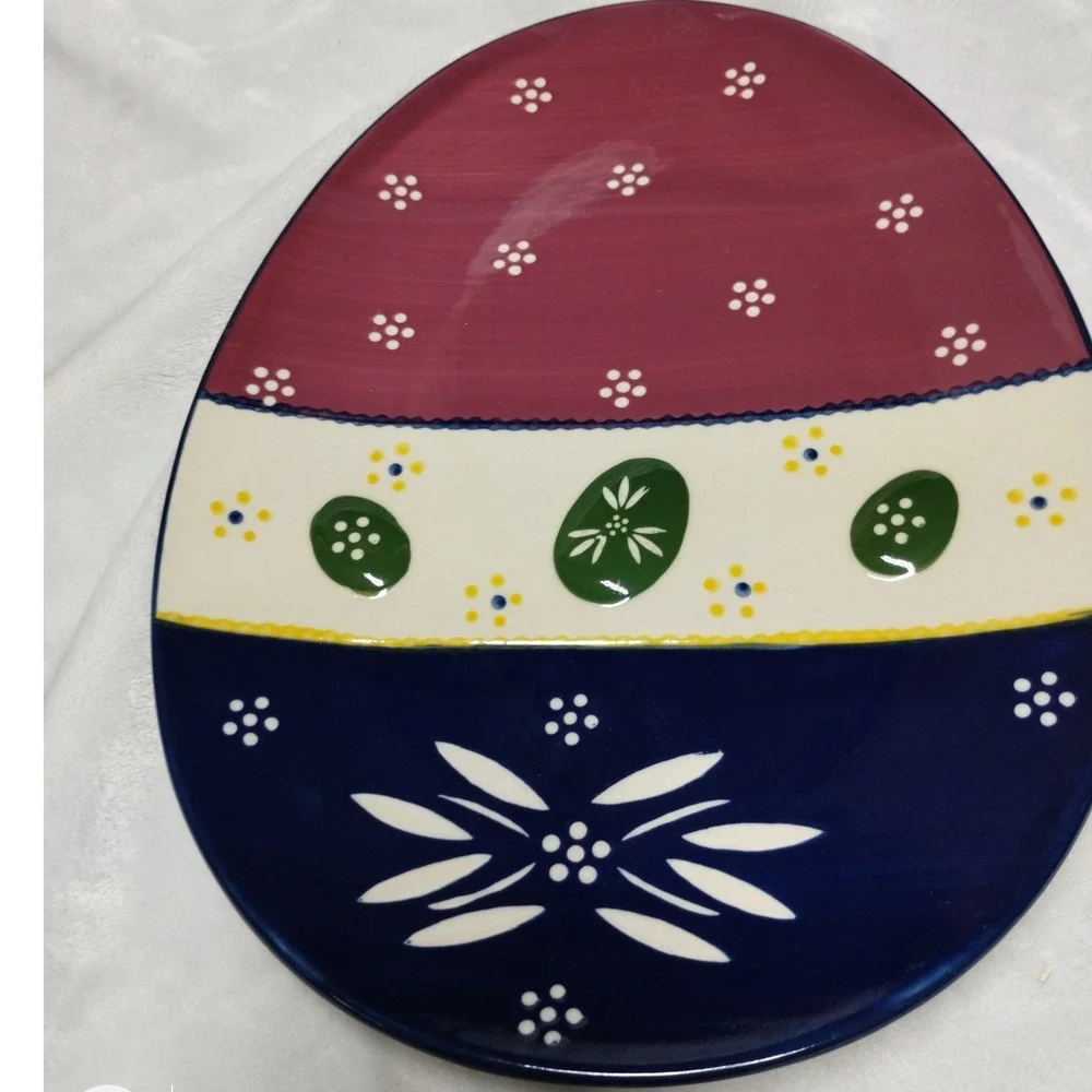 Temp-tations‎ Old World Easter Egg Ceramic Serving Platter Burgundy Navy 13in